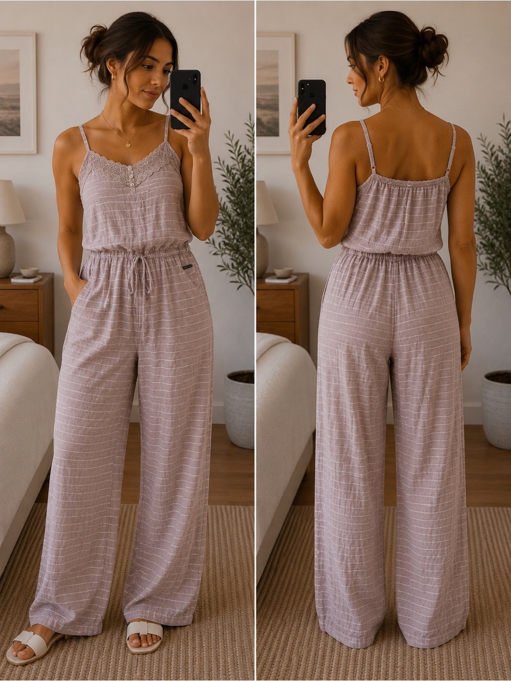 Light Mauve Striped Women's Pyjama Jumpsuit with Lace Trim